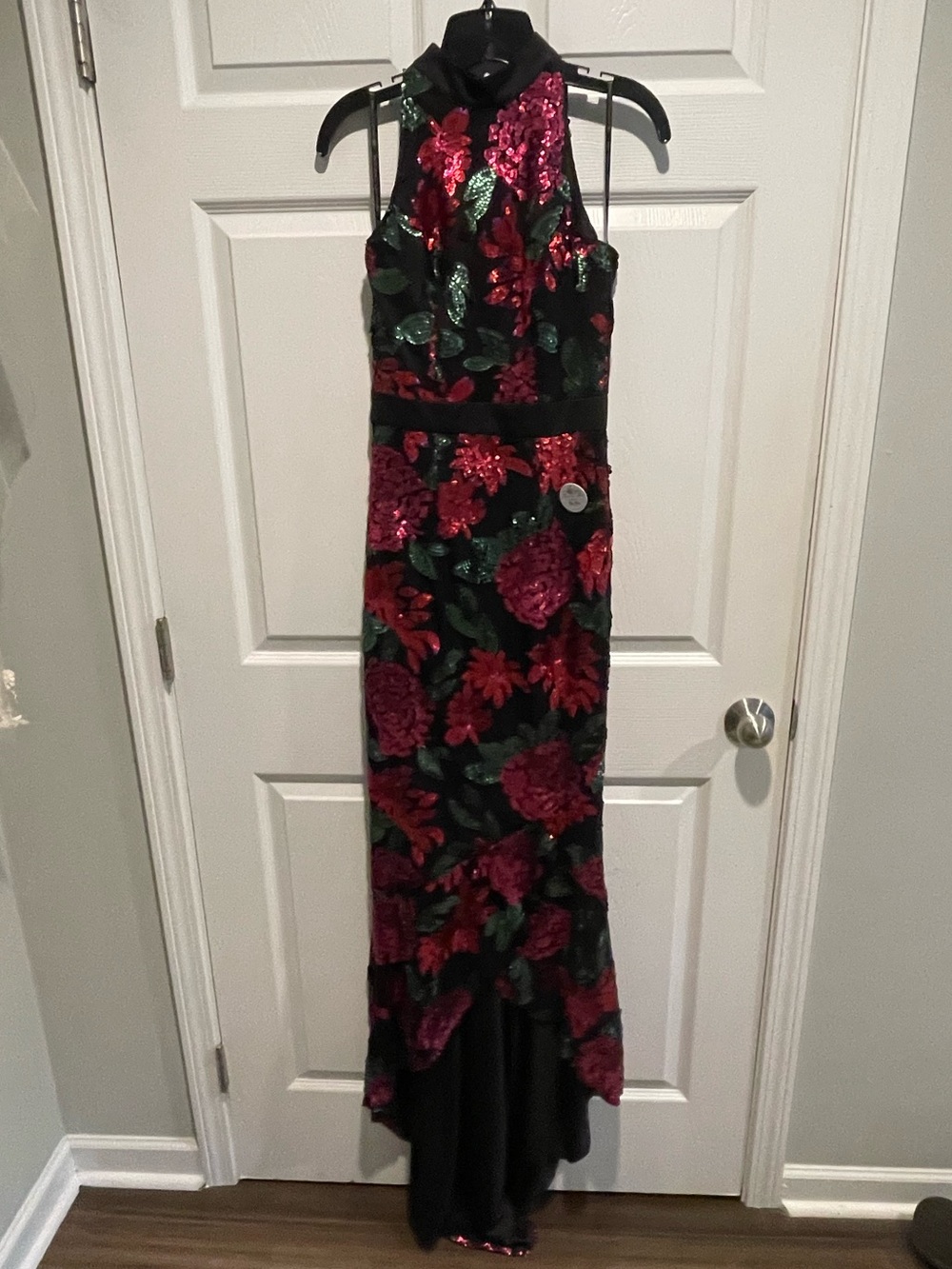 Chi Chi London Black High-Low Sequin Floral Evening Gown